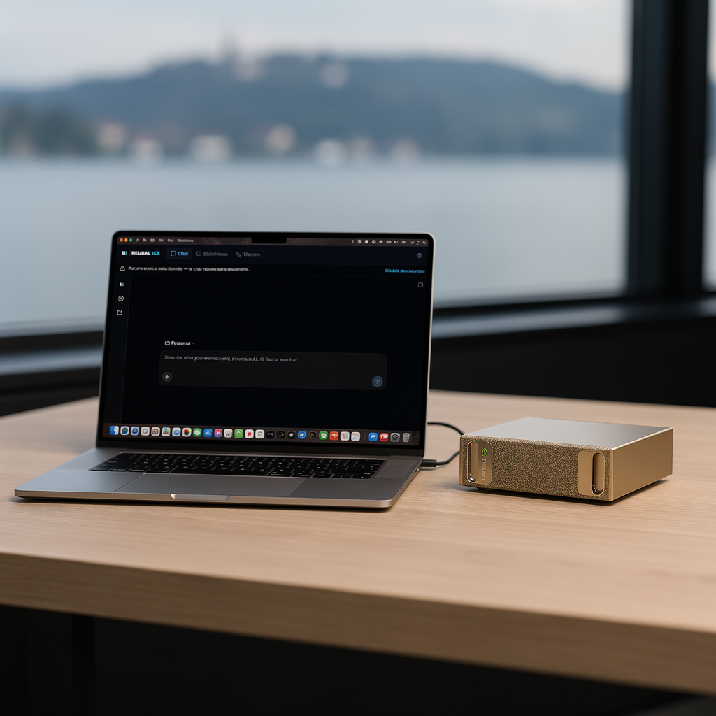 Neural ICE appliance beside a laptop, in front of a window