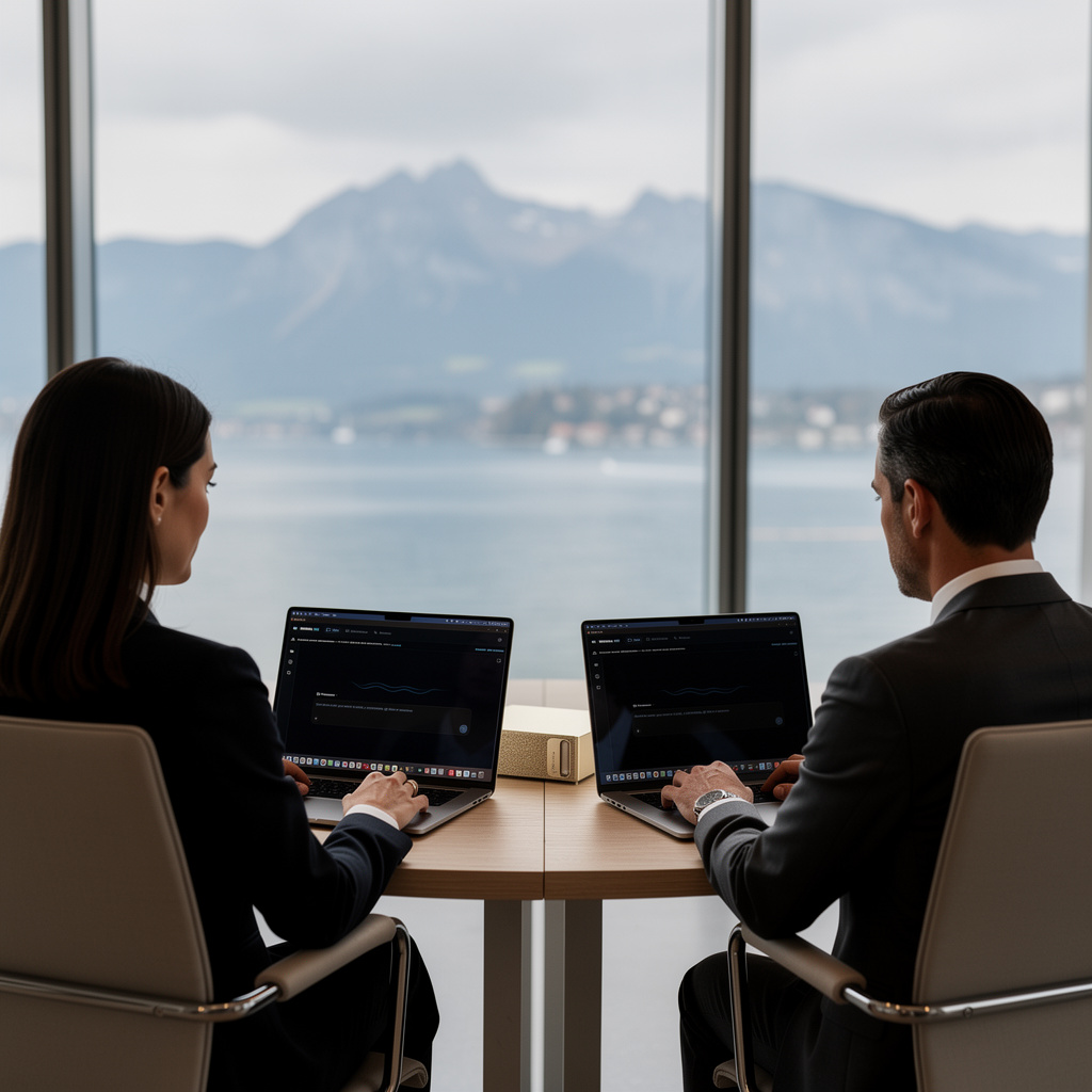 Two people work on the Neural ICE appliance by a lake